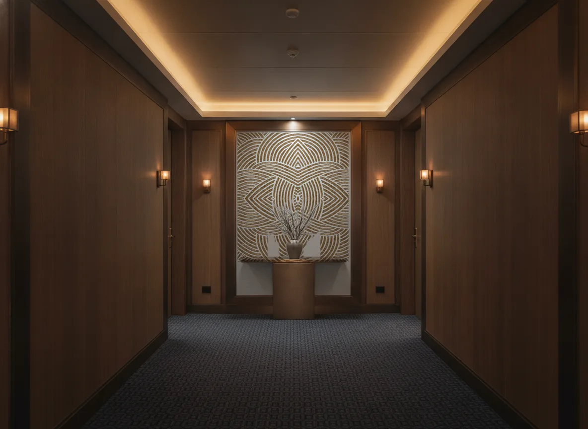 Assouan — Ciemny korytarz hotelowy — ściana na końcu