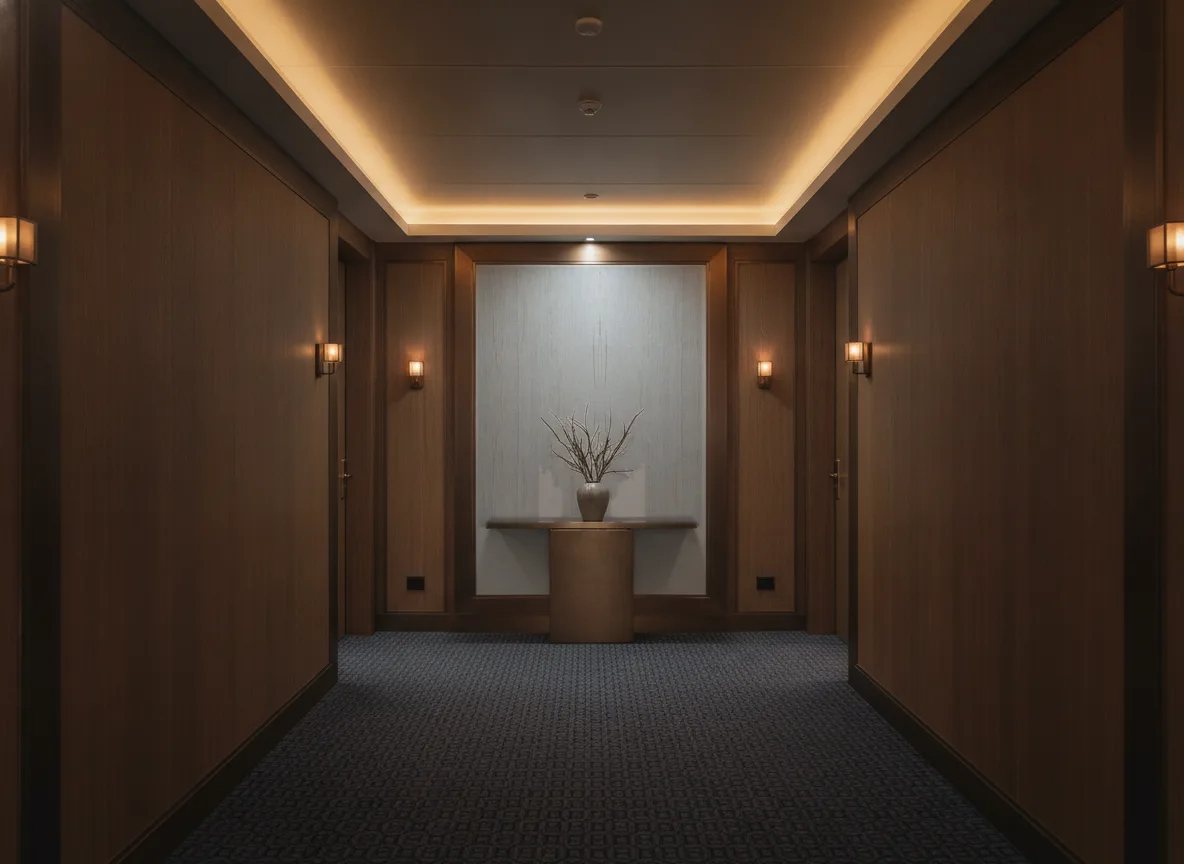 Atalanta Natural — Ciemny korytarz hotelowy — ściana na końcu