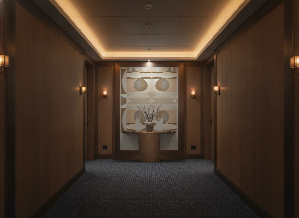 Auguste — Ciemny korytarz hotelowy — ściana na końcu