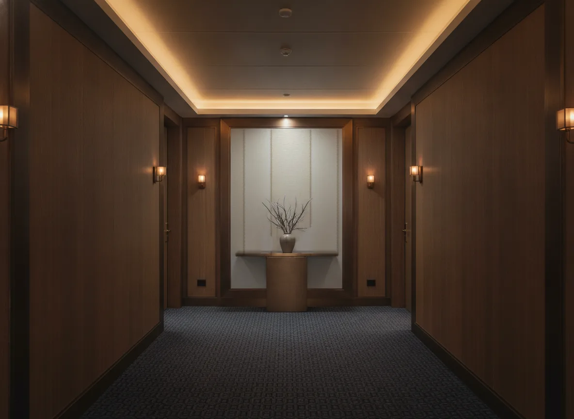 Azur — Ciemny korytarz hotelowy — ściana na końcu