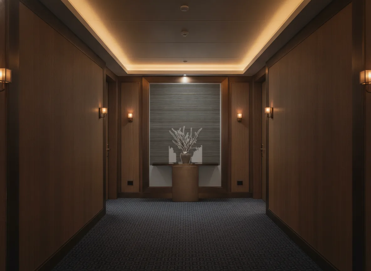 Bambou — Ciemny korytarz hotelowy — ściana na końcu