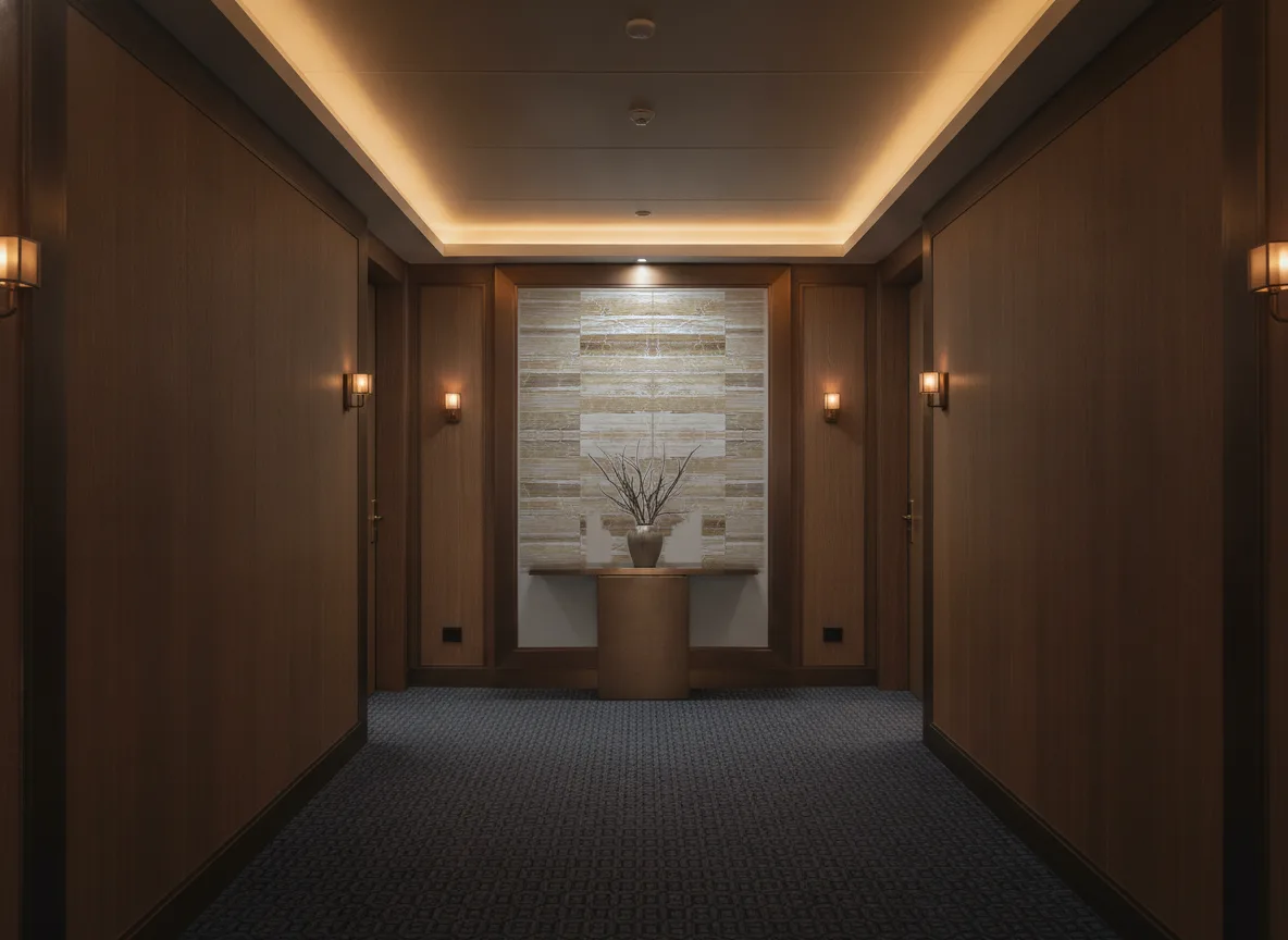 Bananier — Ciemny korytarz hotelowy — ściana na końcu
