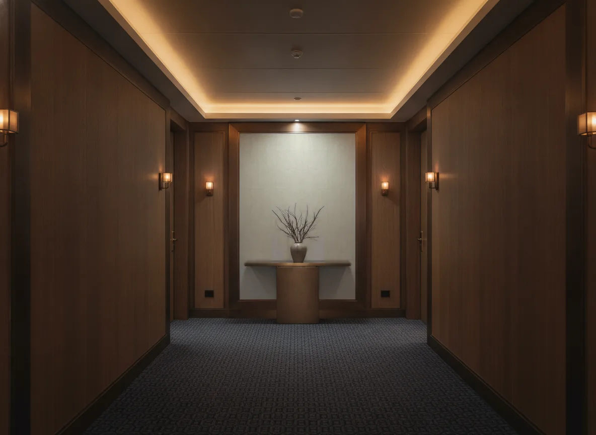Bizen Texture Cerame — Ciemny korytarz hotelowy — ściana na końcu
