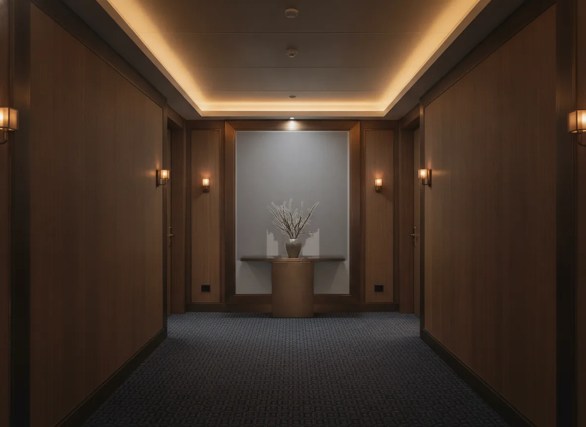 Blossom — Ciemny korytarz hotelowy — ściana na końcu