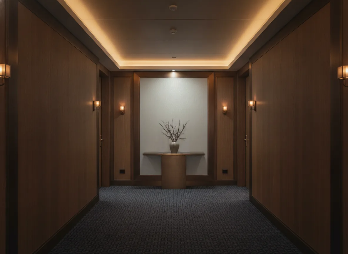 Brodelia — Ciemny korytarz hotelowy — ściana na końcu