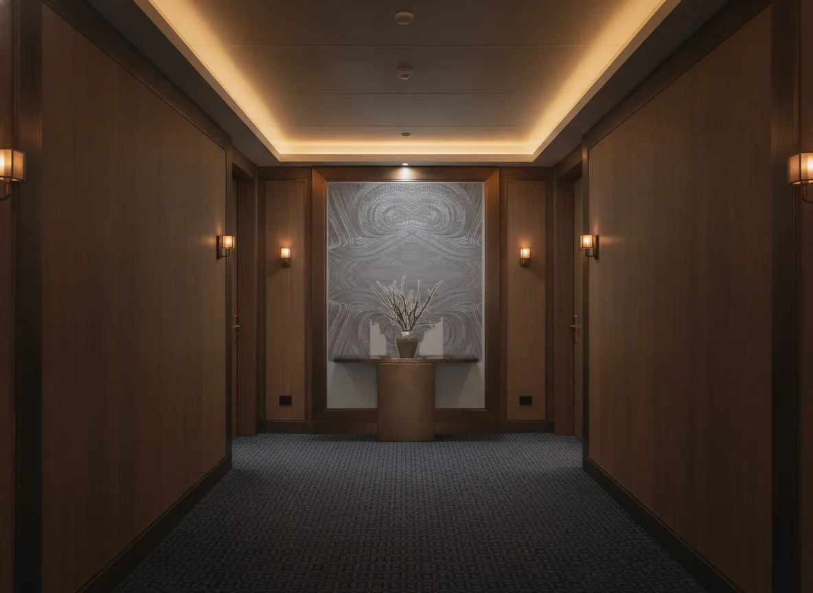 Carat — Ciemny korytarz hotelowy — ściana na końcu