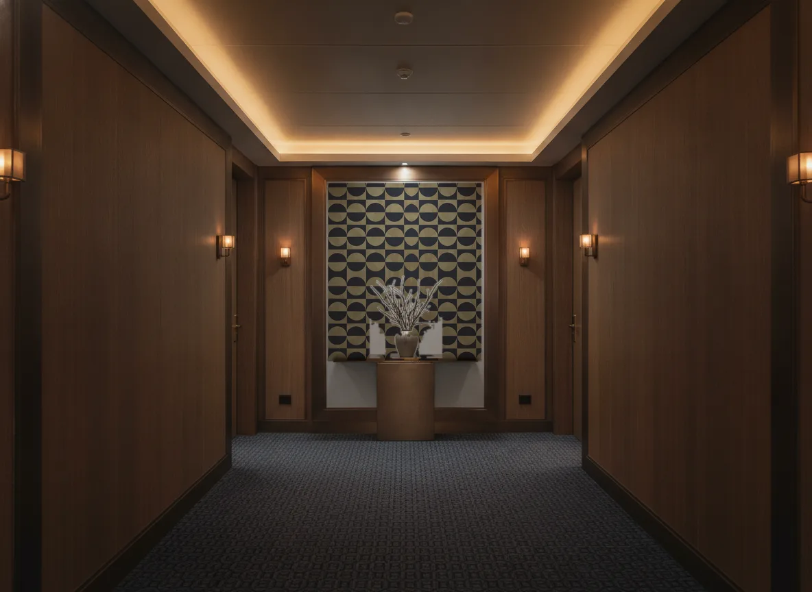 Circles Delta — Ciemny korytarz hotelowy — ściana na końcu