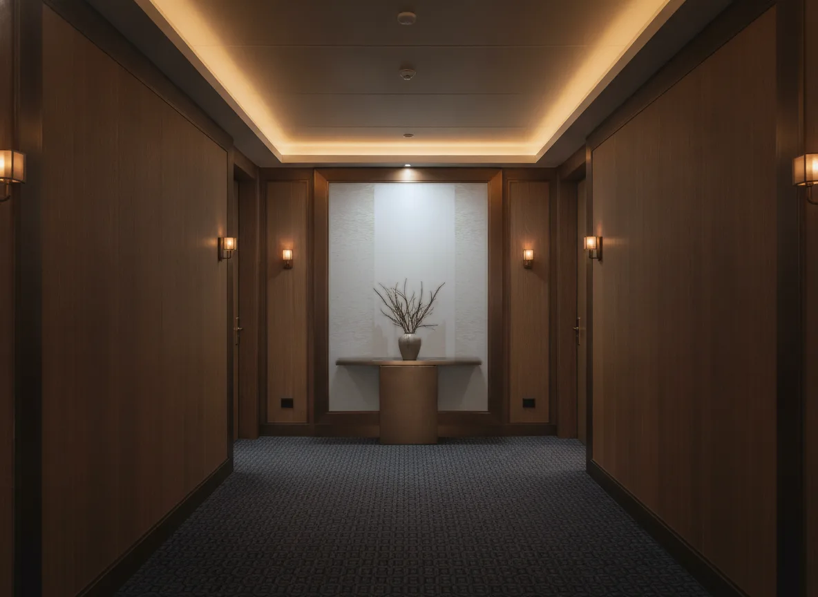 Come — Ciemny korytarz hotelowy — ściana na końcu