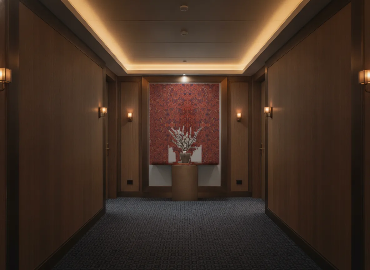 Dahlia Ete Indien — Ciemny korytarz hotelowy — ściana na końcu