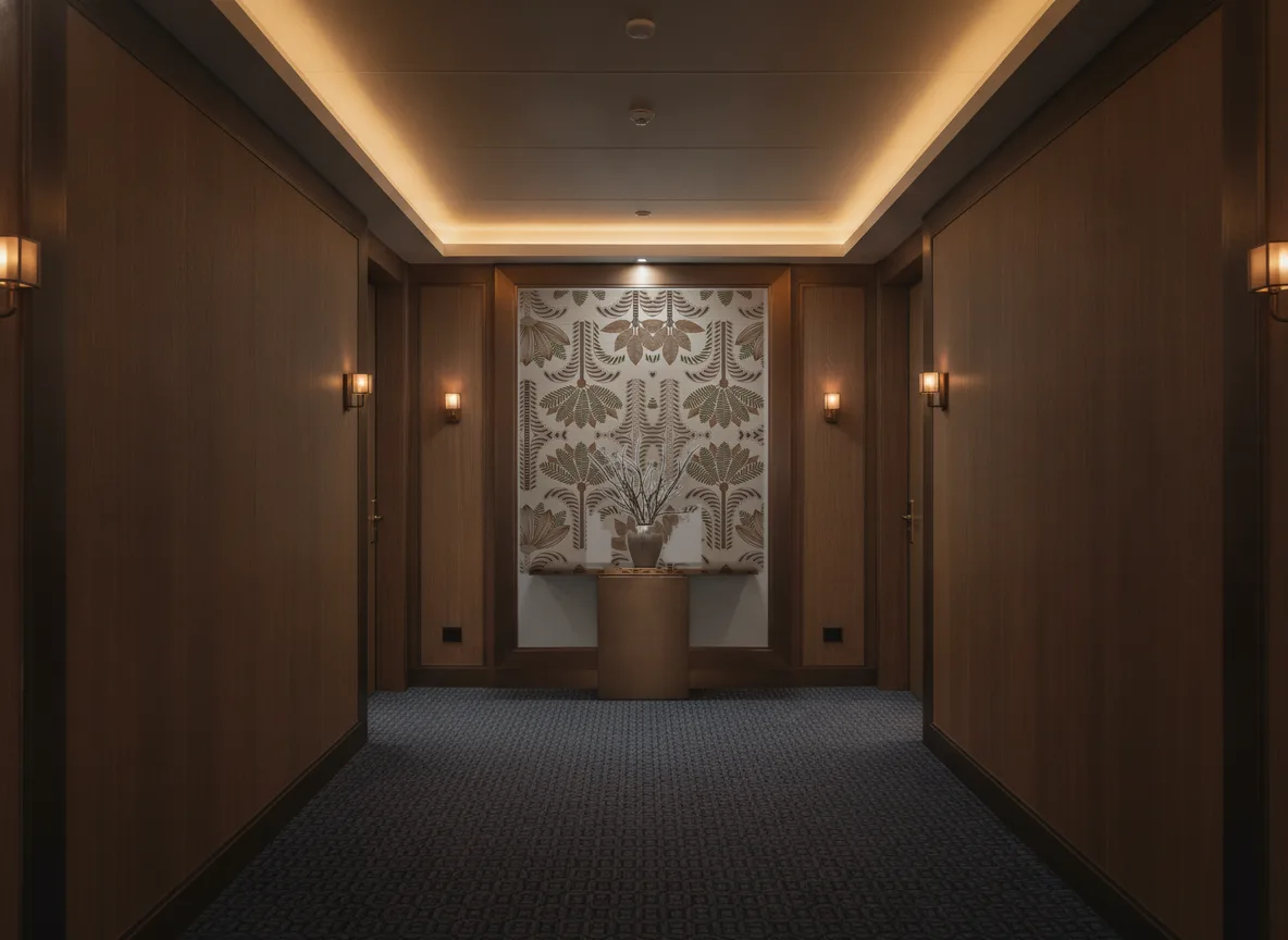 Dattara — Ciemny korytarz hotelowy — ściana na końcu