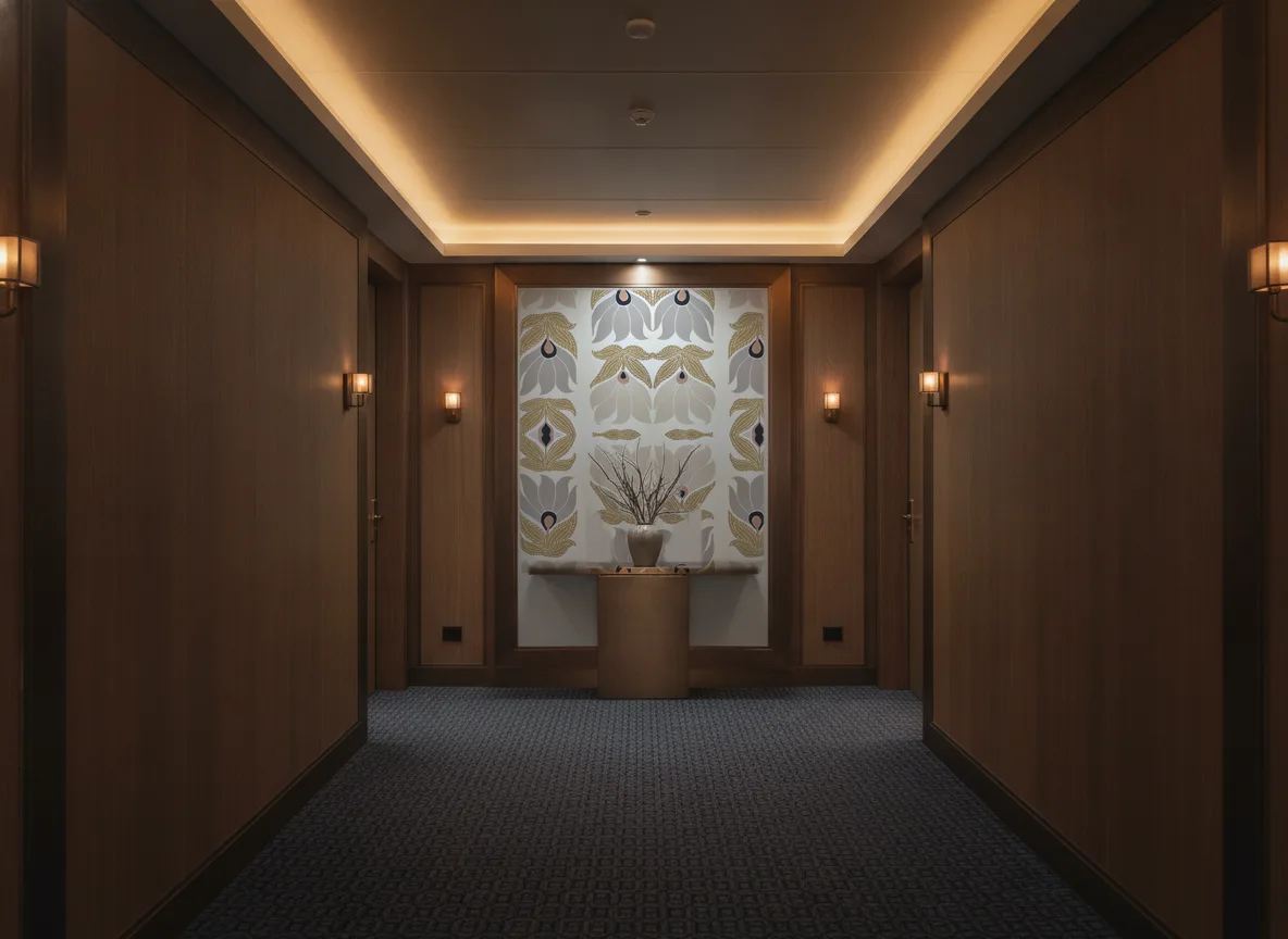 Dauphine — Ciemny korytarz hotelowy — ściana na końcu