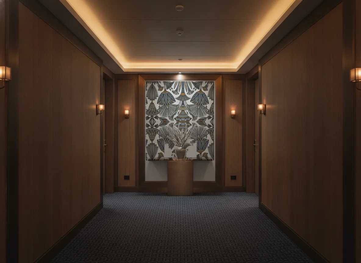 Denderah — Ciemny korytarz hotelowy — ściana na końcu
