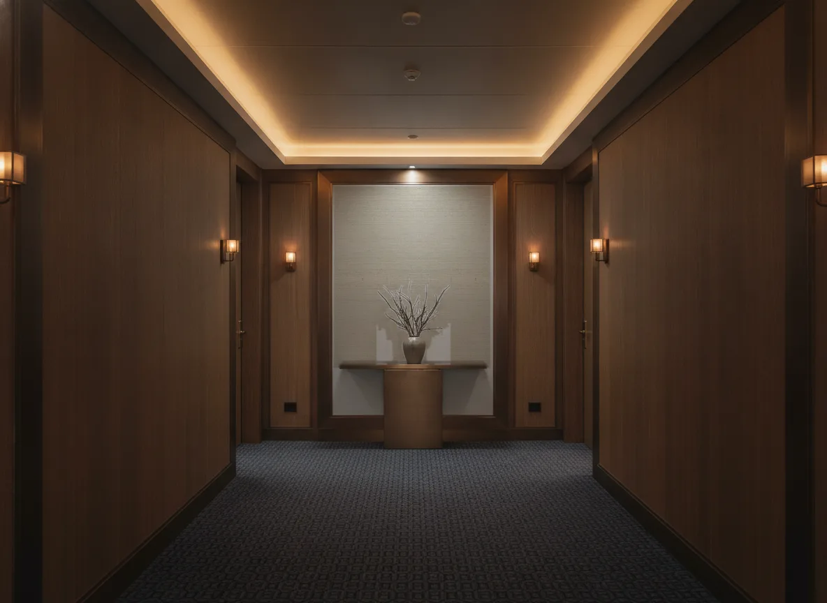 Deserti — Ciemny korytarz hotelowy — ściana na końcu