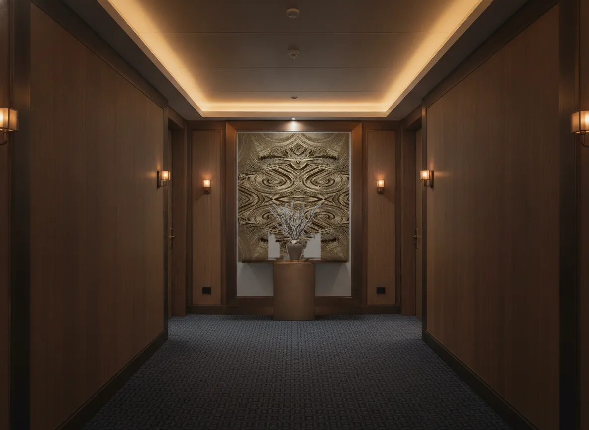 Dresden — Ciemny korytarz hotelowy — ściana na końcu