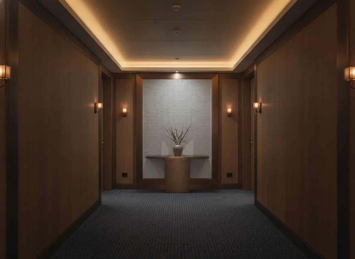 Egea Natural — Ciemny korytarz hotelowy — ściana na końcu