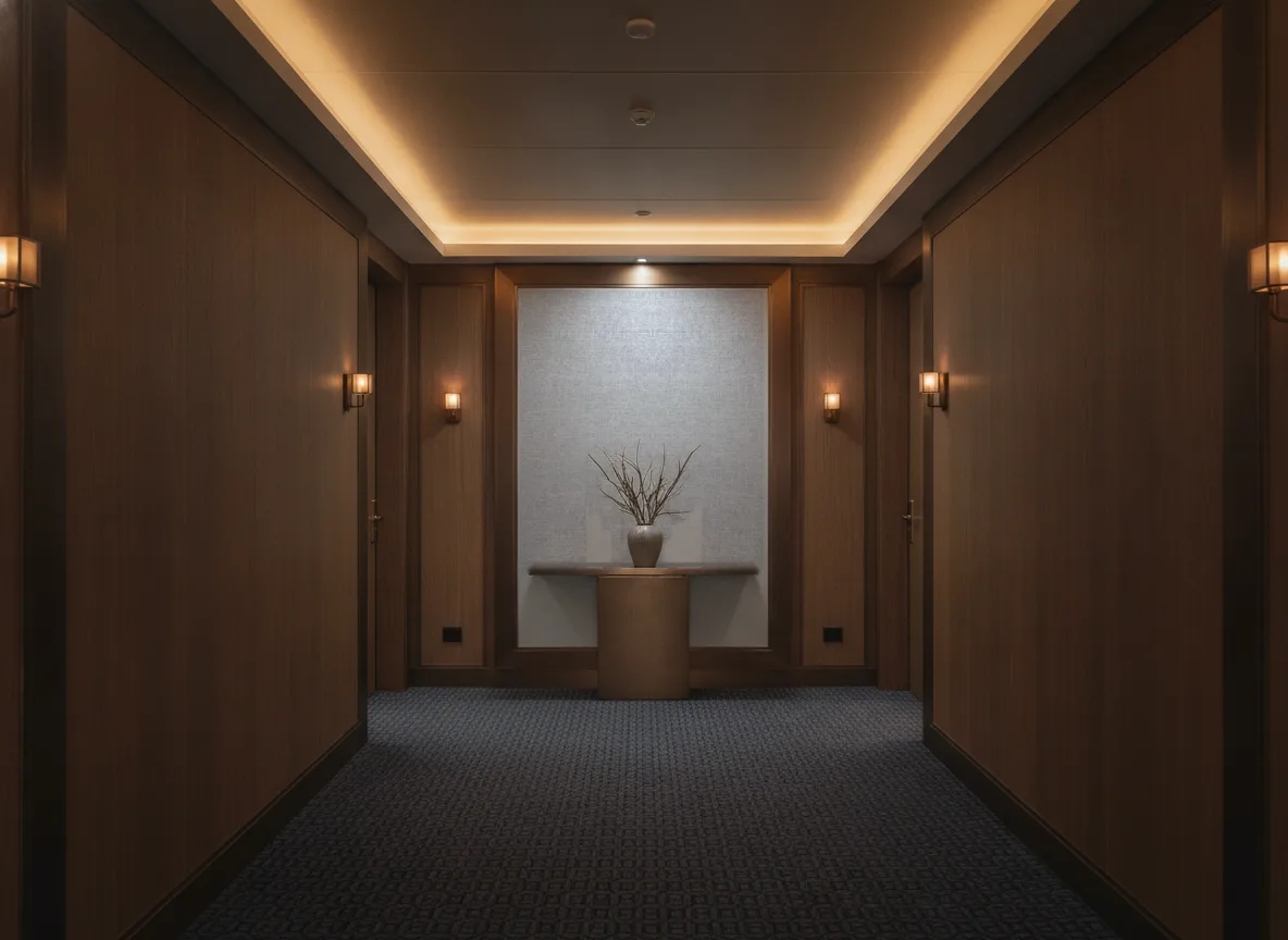 Elara Natural — Ciemny korytarz hotelowy — ściana na końcu