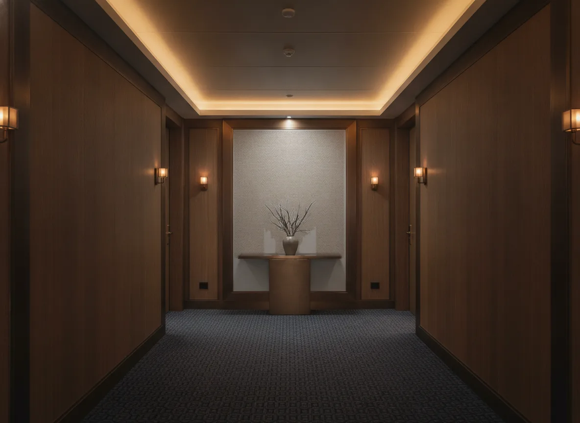 Elbert — Ciemny korytarz hotelowy — ściana na końcu
