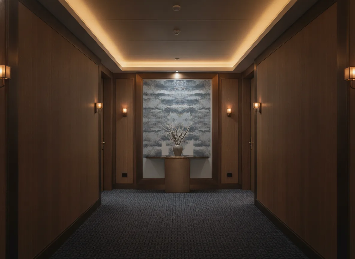 Ephemere Linessence — Ciemny korytarz hotelowy — ściana na końcu