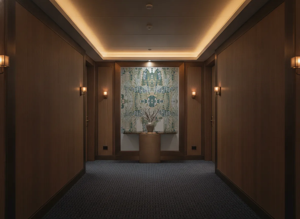 Erica Jardin Felicia — Ciemny korytarz hotelowy — ściana na końcu