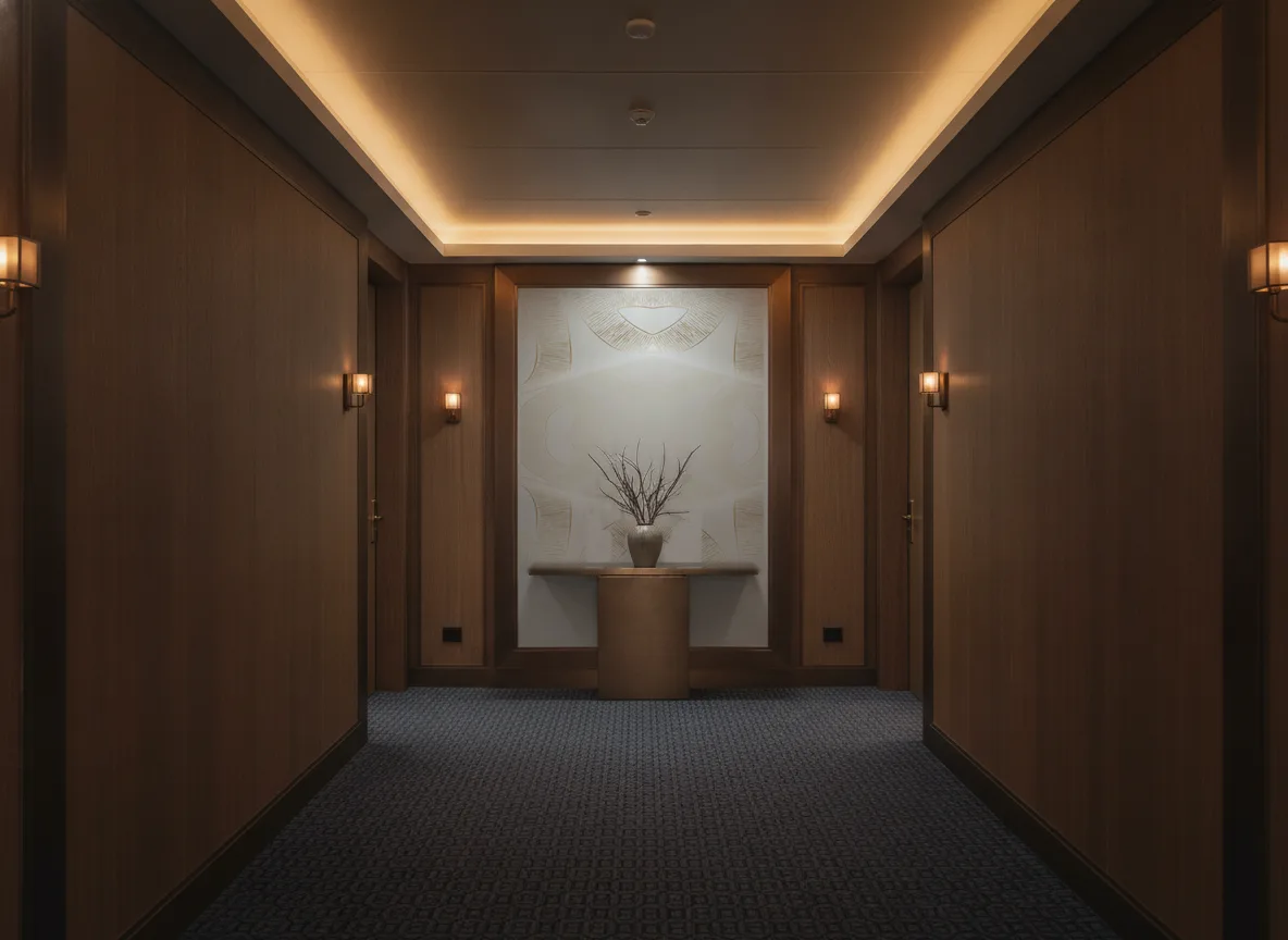 Etienne — Ciemny korytarz hotelowy — ściana na końcu