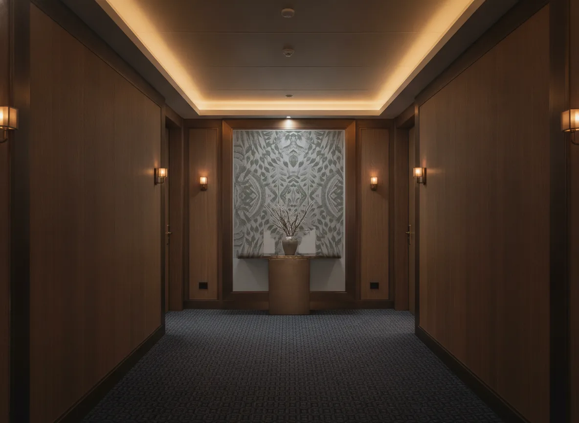Foliage — Ciemny korytarz hotelowy — ściana na końcu