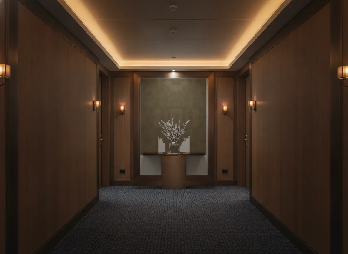 Gemmae — Ciemny korytarz hotelowy — ściana na końcu