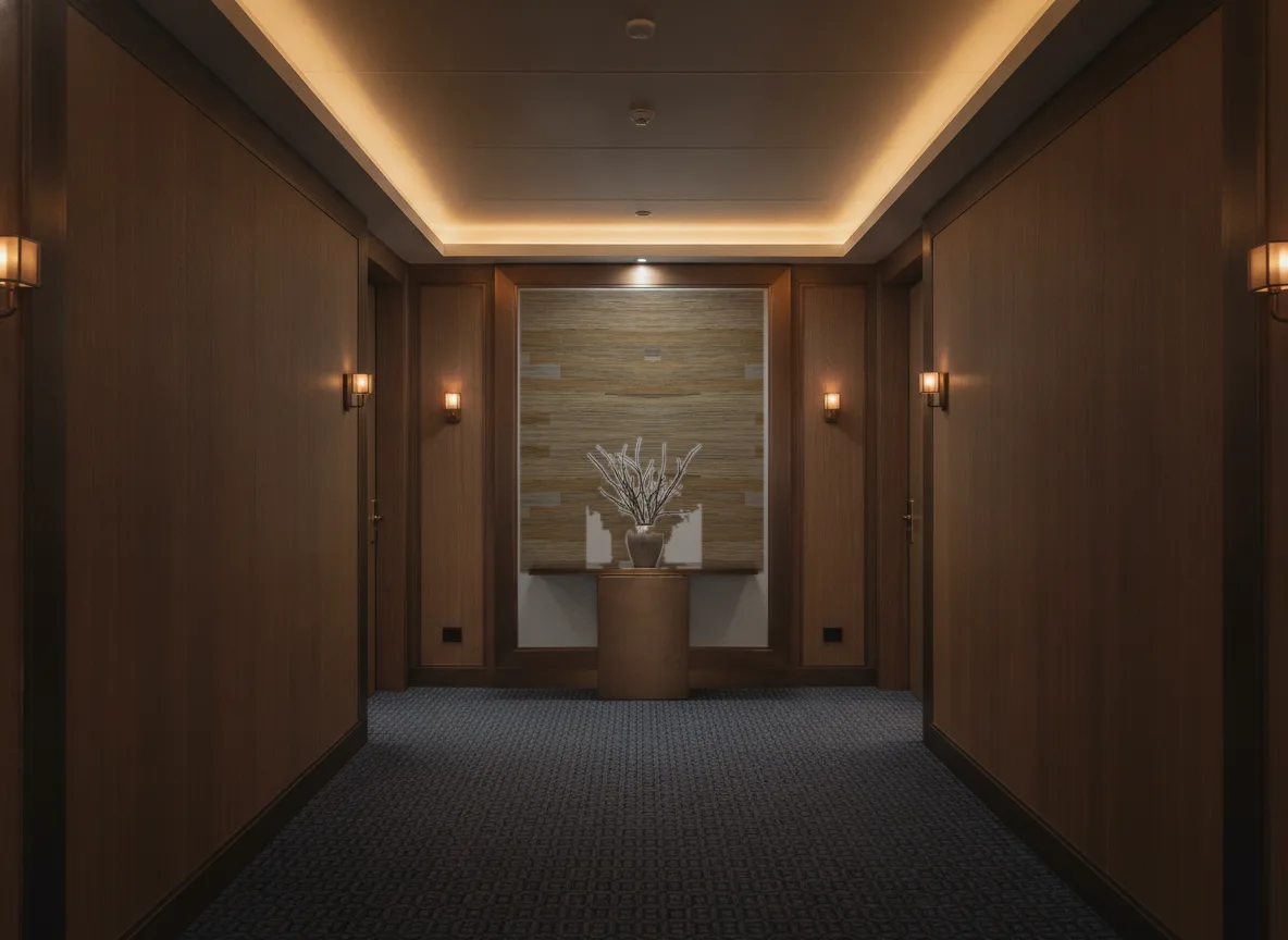 Halana — Ciemny korytarz hotelowy — ściana na końcu