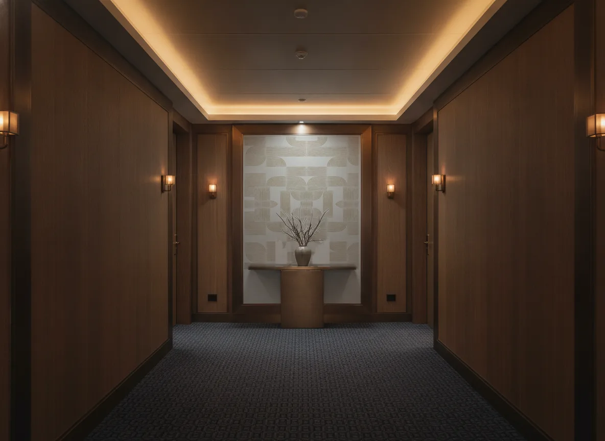 Hector — Ciemny korytarz hotelowy — ściana na końcu