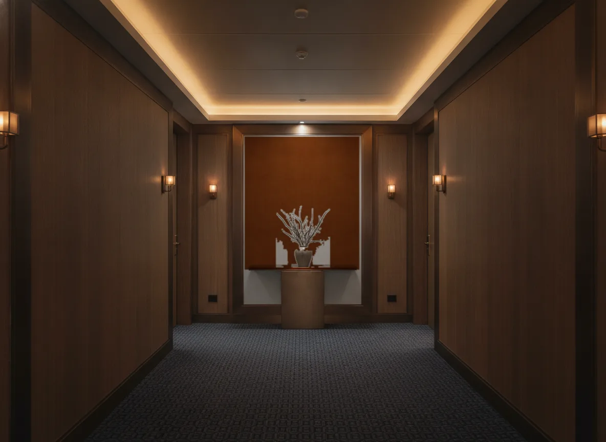 Hestia — Ciemny korytarz hotelowy — ściana na końcu