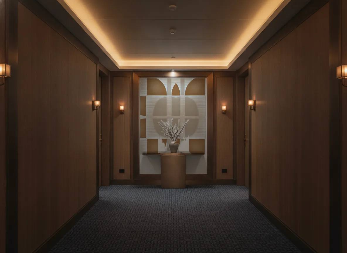 Hikari — Ciemny korytarz hotelowy — ściana na końcu