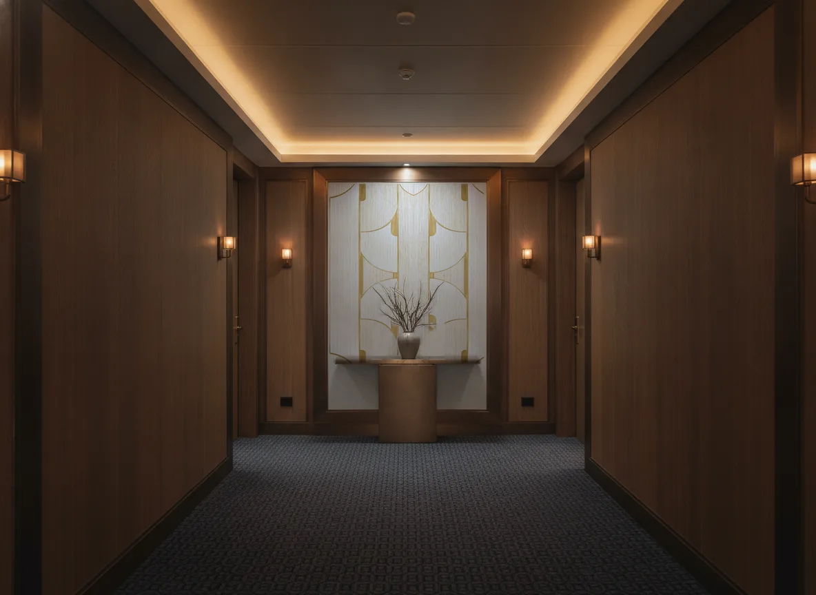 Ikopa — Ciemny korytarz hotelowy — ściana na końcu