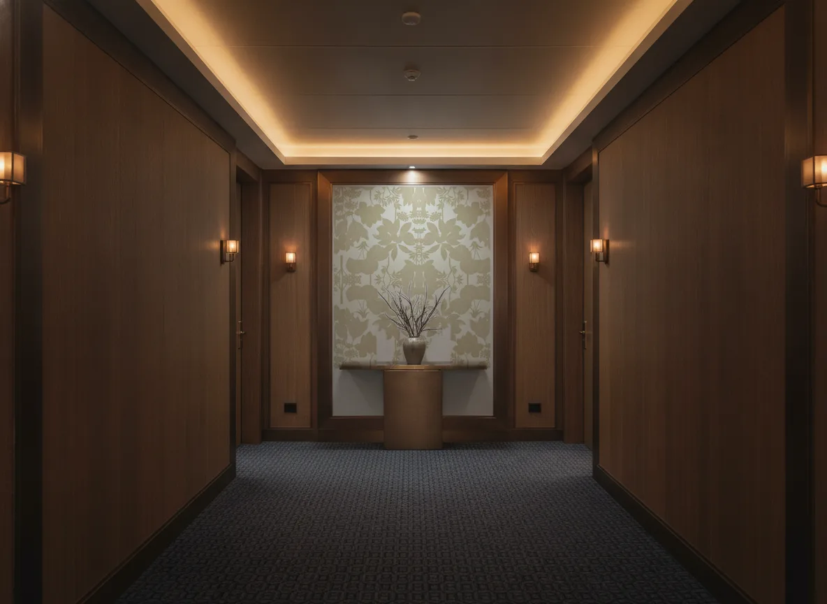 Inara — Ciemny korytarz hotelowy — ściana na końcu