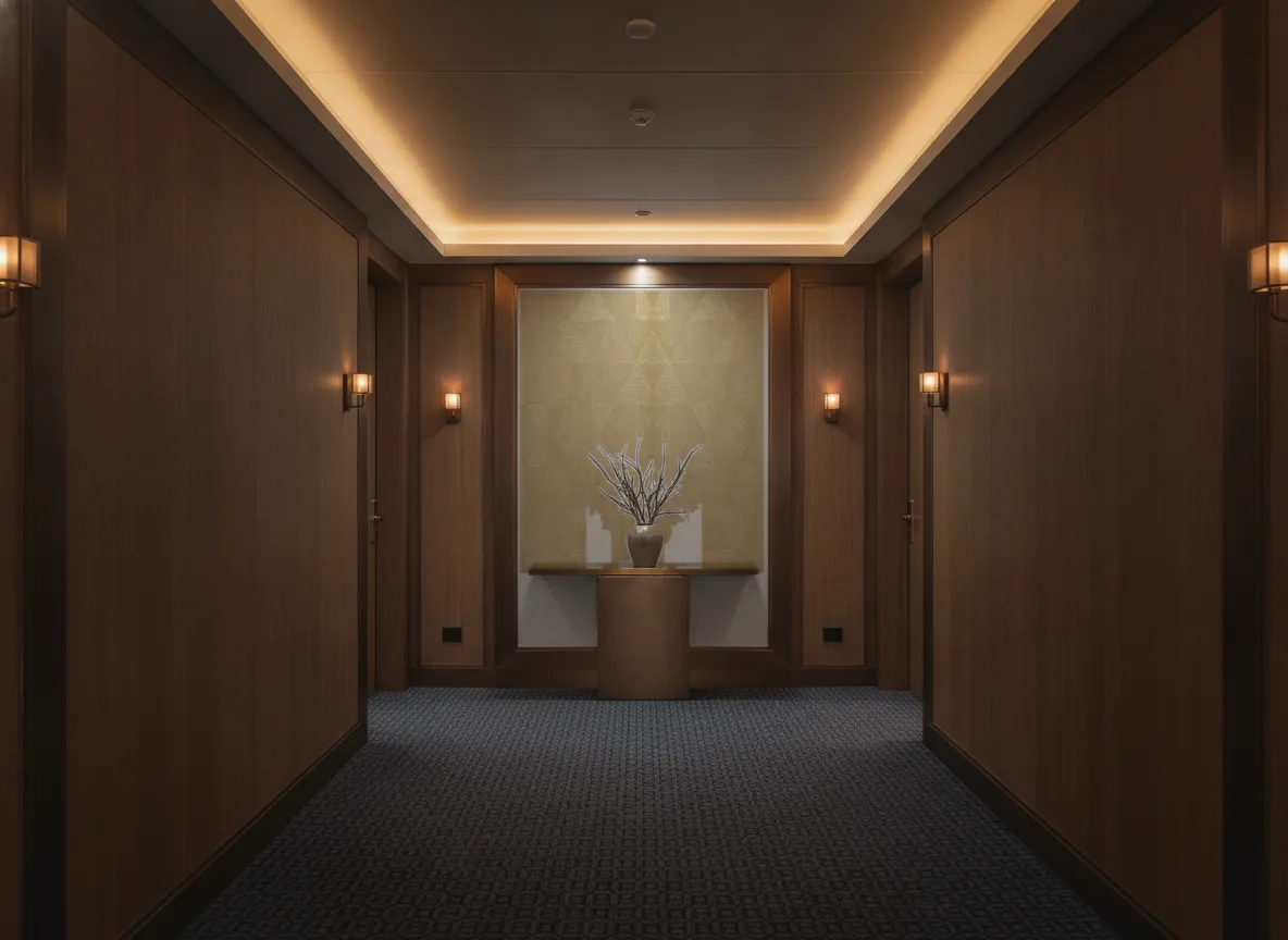 Iquira Textures Metalliques — Ciemny korytarz hotelowy — ściana na końcu
