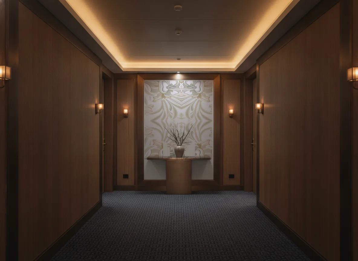 Isadora — Ciemny korytarz hotelowy — ściana na końcu