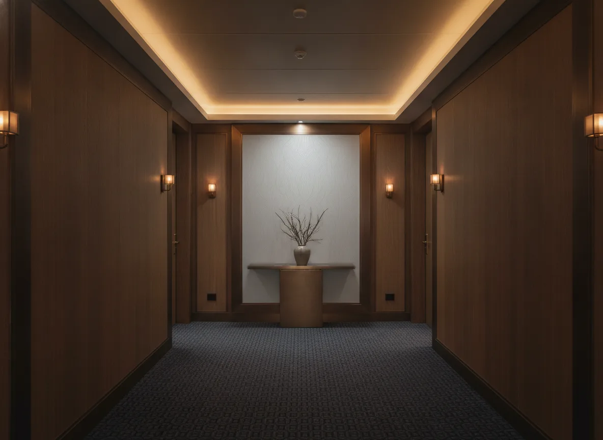 Jassine — Ciemny korytarz hotelowy — ściana na końcu