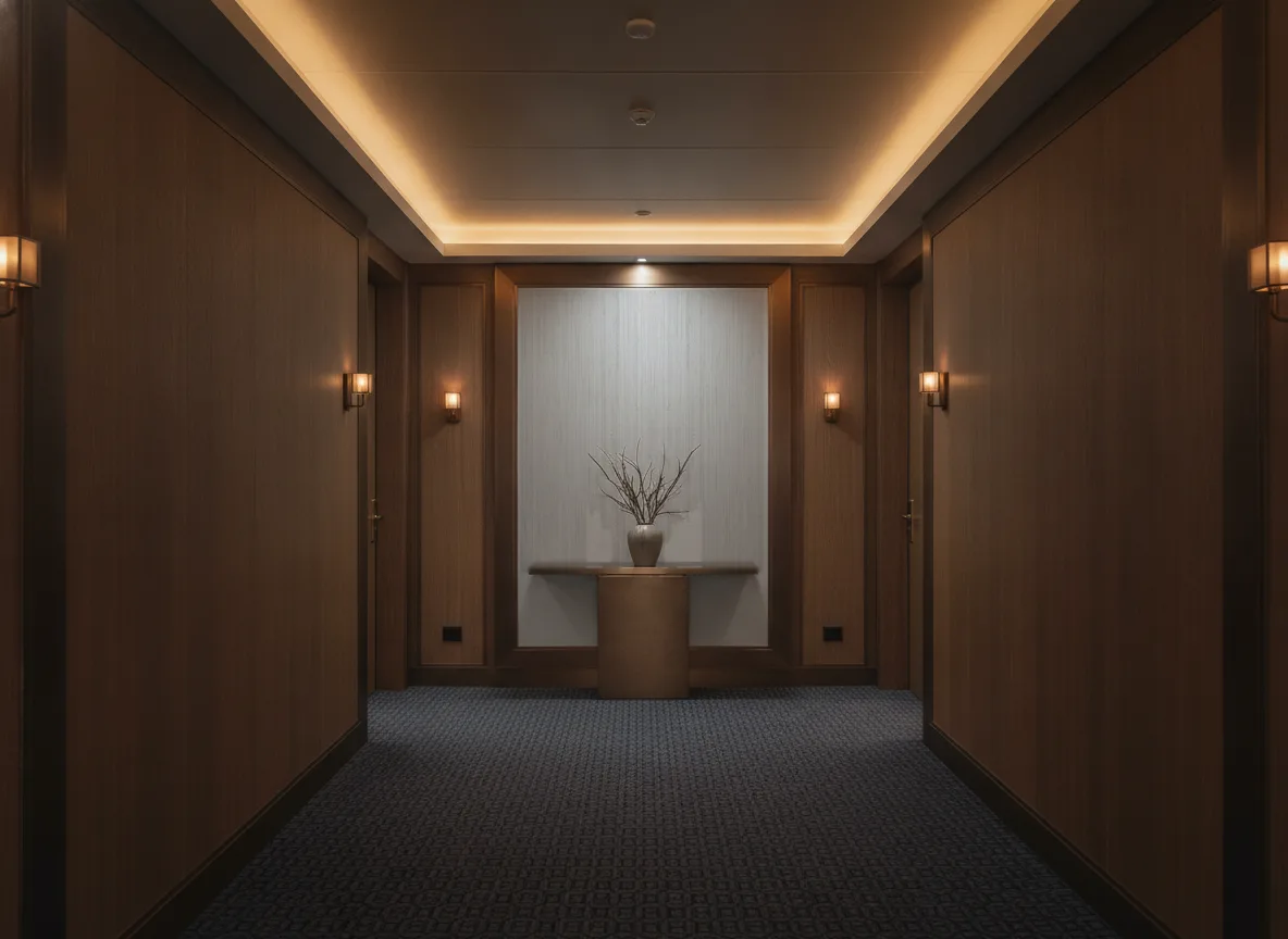 Jussieu — Ciemny korytarz hotelowy — ściana na końcu