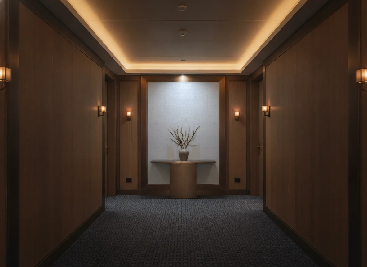 Kasane — Ciemny korytarz hotelowy — ściana na końcu
