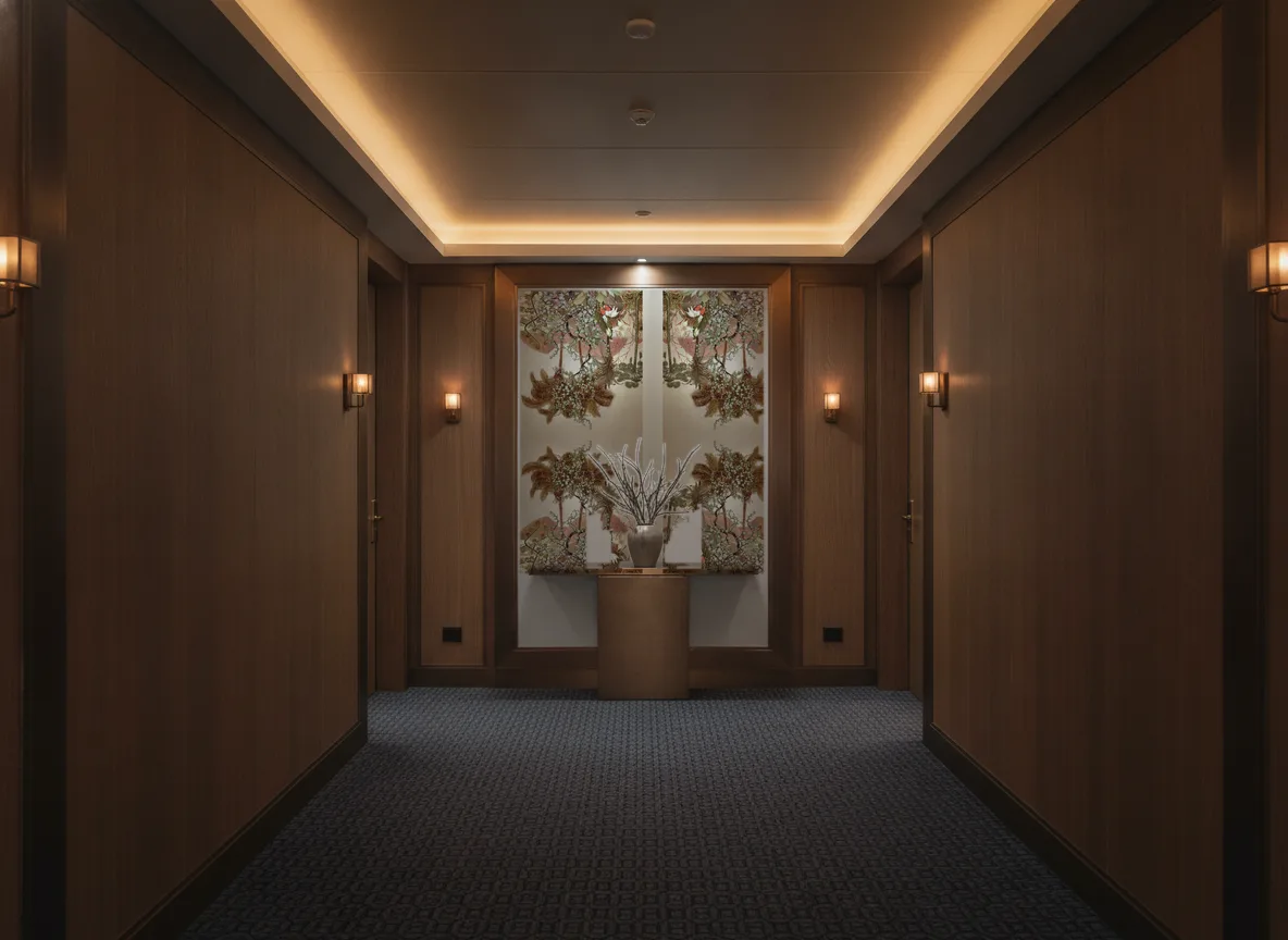 Kisama — Ciemny korytarz hotelowy — ściana na końcu