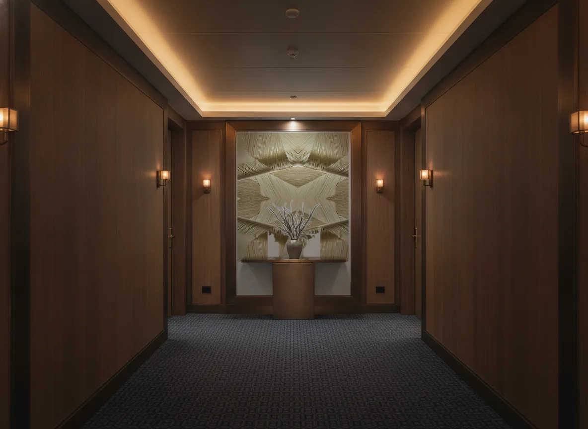 Kohinor — Ciemny korytarz hotelowy — ściana na końcu