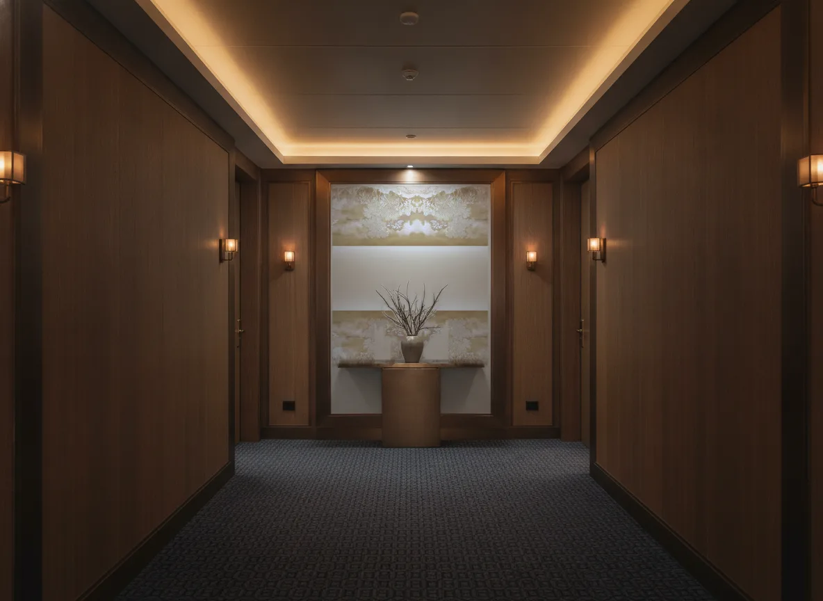 Koraku — Ciemny korytarz hotelowy — ściana na końcu