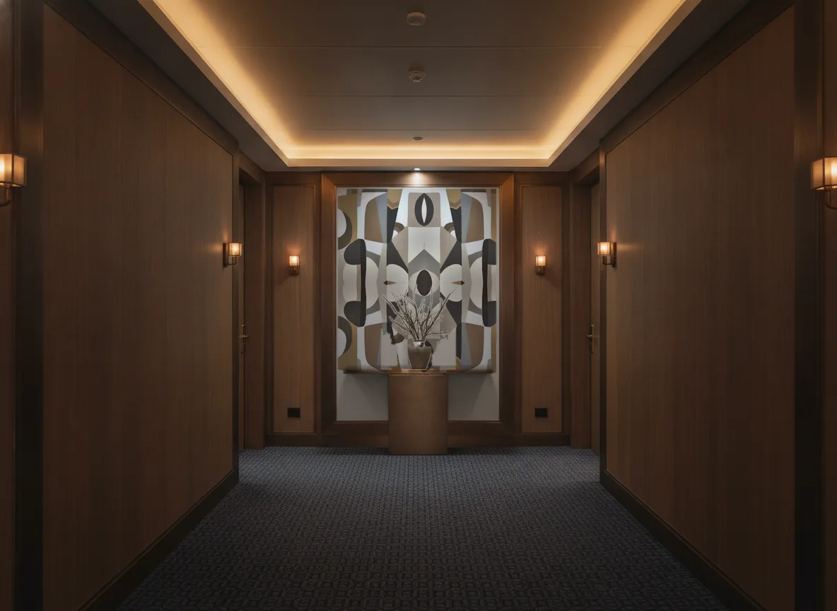 L'Atelier — Ciemny korytarz hotelowy — ściana na końcu