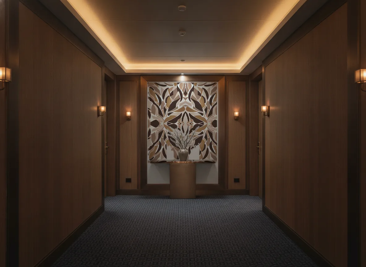 L'Atelier — Ciemny korytarz hotelowy — ściana na końcu