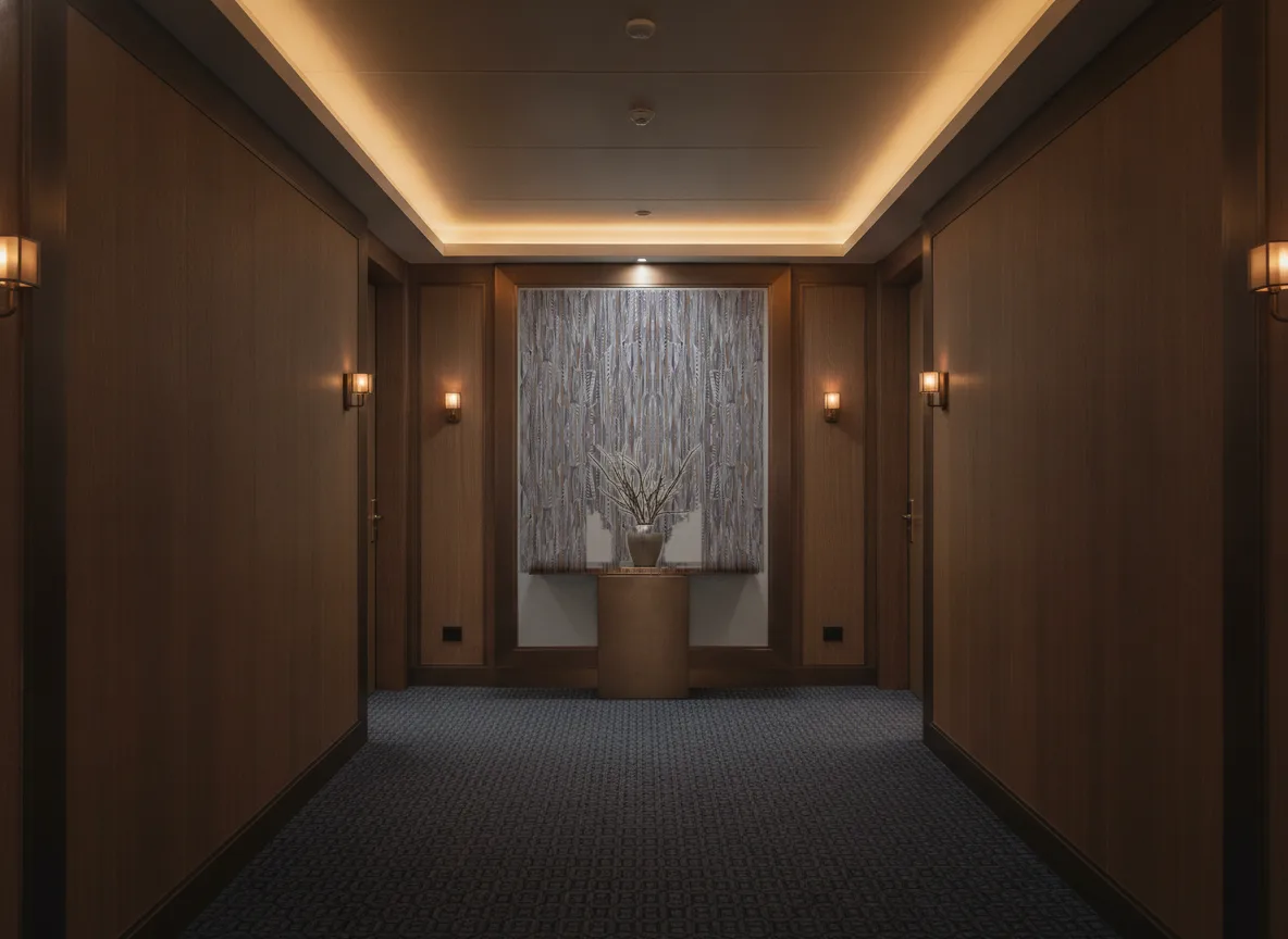 Lahna Le Velours — Ciemny korytarz hotelowy — ściana na końcu