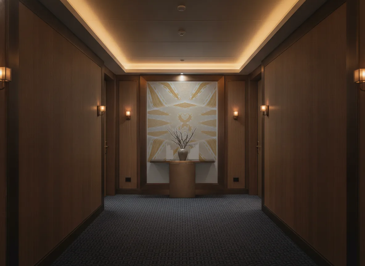 Lanzea — Ciemny korytarz hotelowy — ściana na końcu