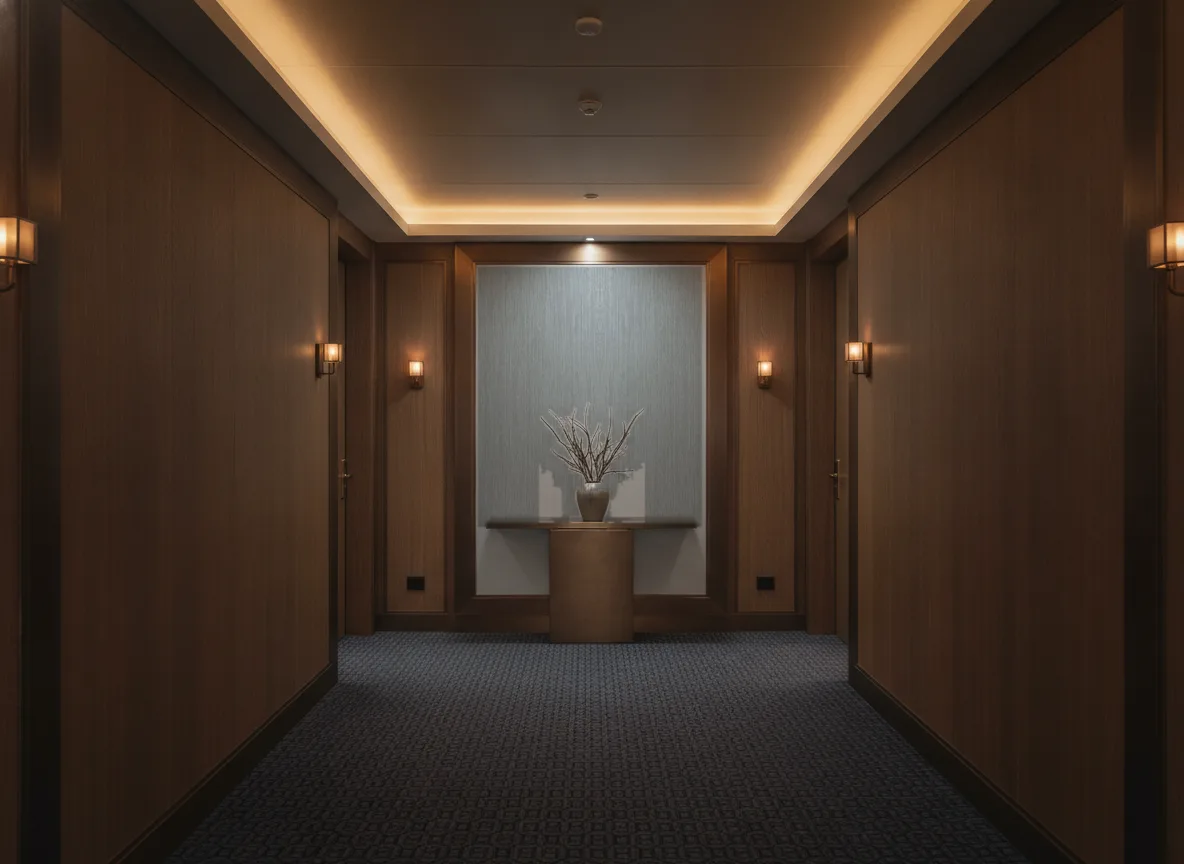 Le Bois — Ciemny korytarz hotelowy — ściana na końcu