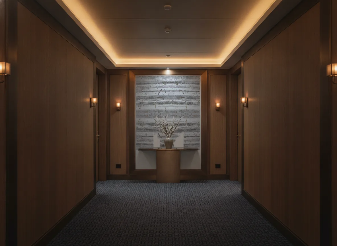 Liege — Ciemny korytarz hotelowy — ściana na końcu