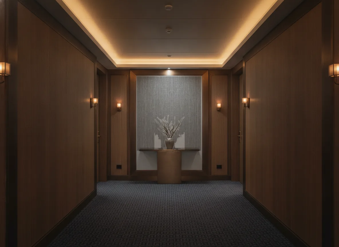 Linon Linessence — Ciemny korytarz hotelowy — ściana na końcu