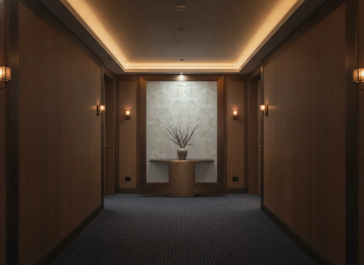 Lontara — Ciemny korytarz hotelowy — ściana na końcu