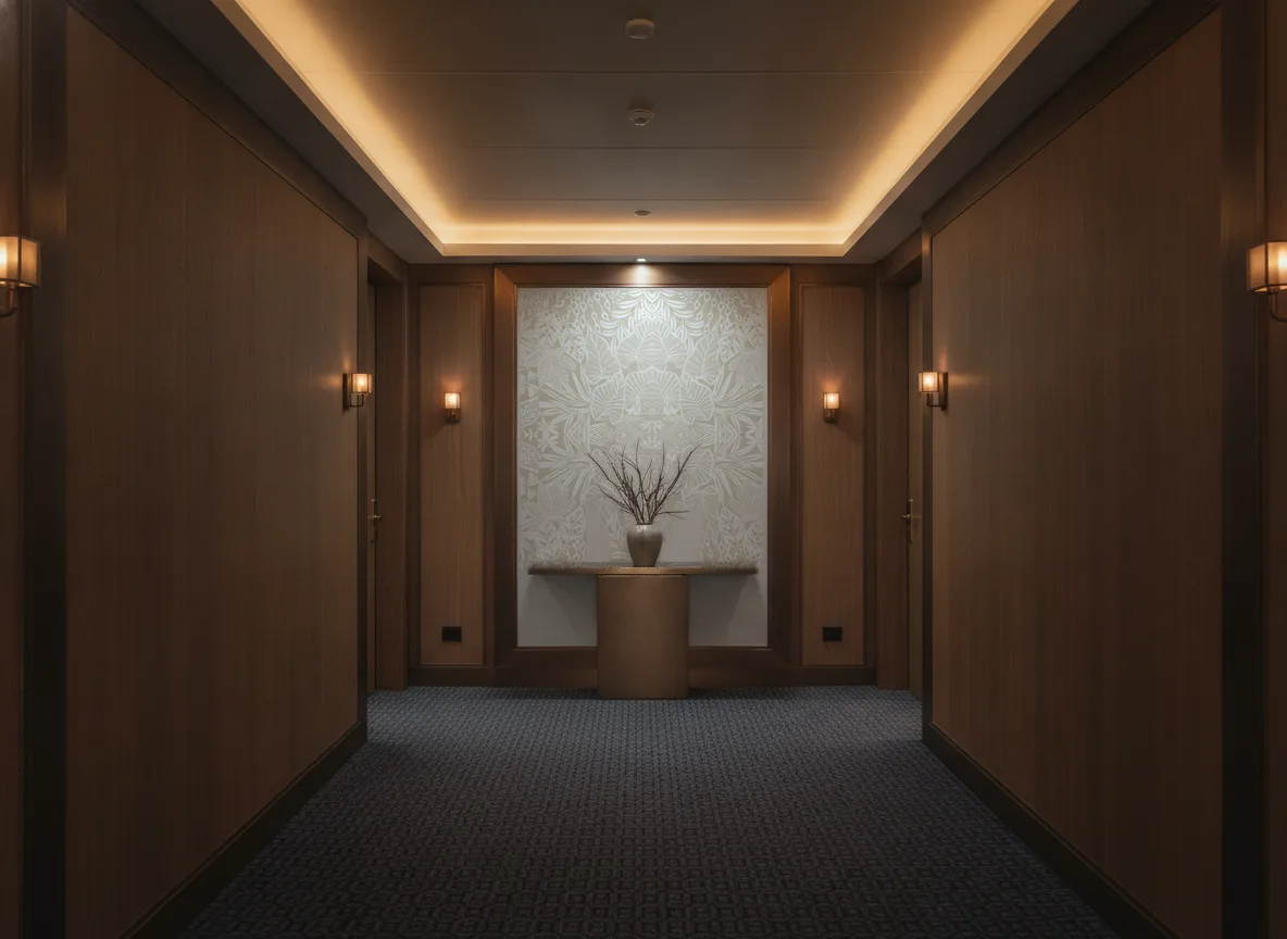 Madhuca — Ciemny korytarz hotelowy — ściana na końcu