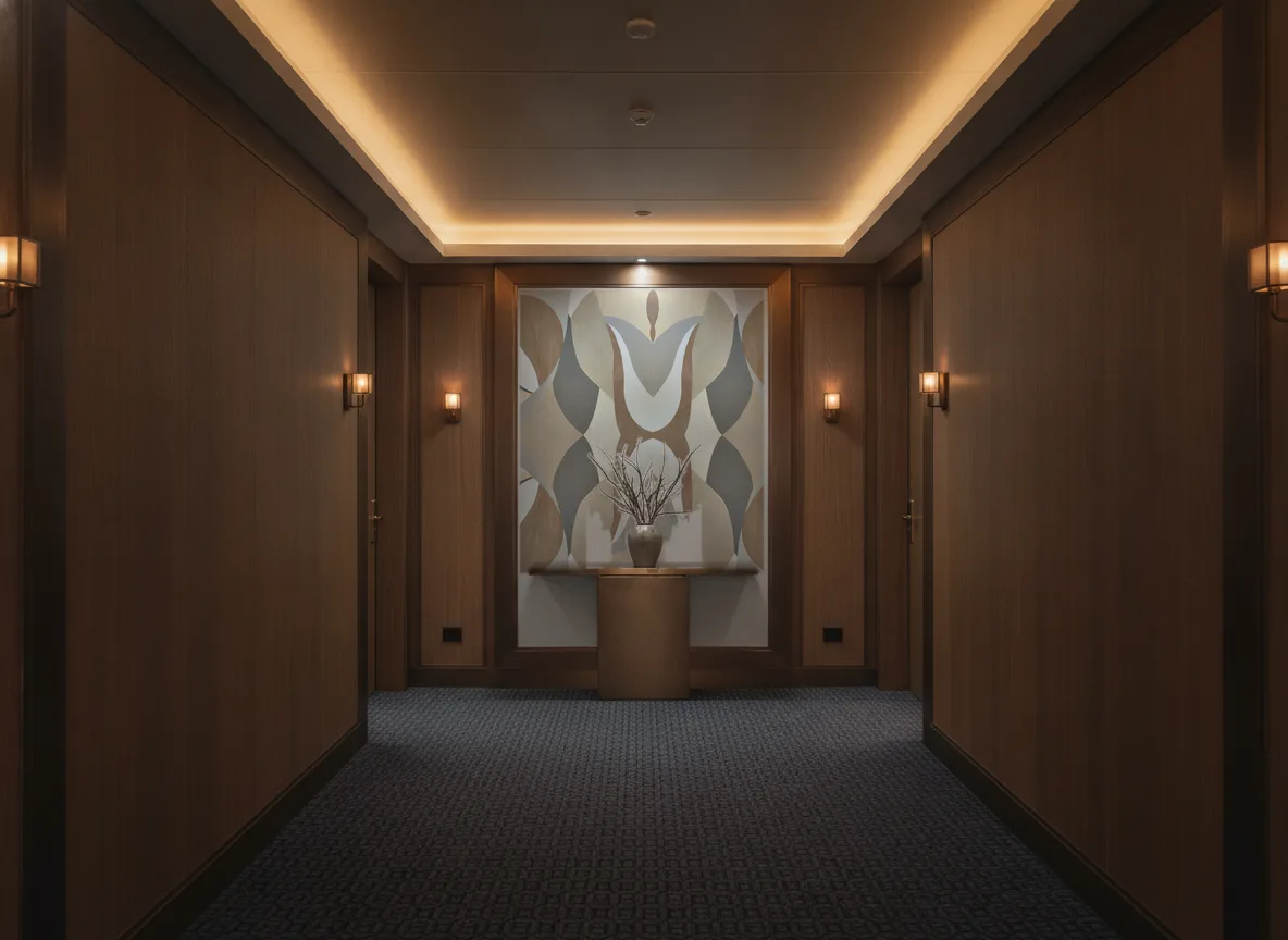 Mandorla — Ciemny korytarz hotelowy — ściana na końcu